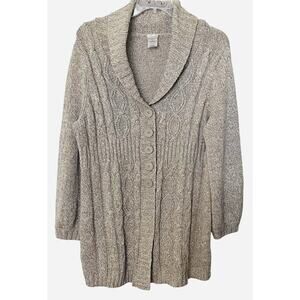 JUST MY SIZE (JMS) LONG SLEEVE BUTTON-UP KNIT SWEATER, 2X, TAN, WIDE COLLAR